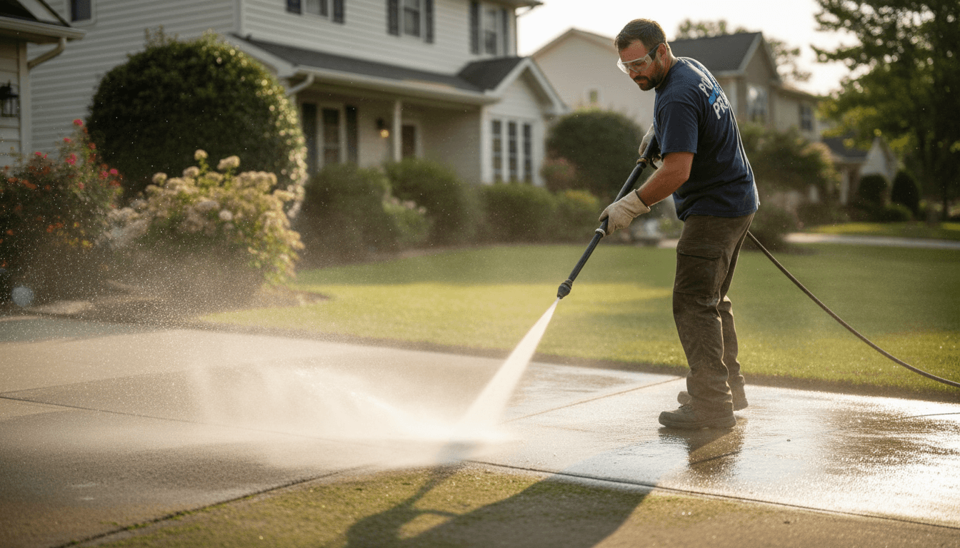 Professional contractor operating pressure washer on residential driveway, removing dirt and algae buildup with high-pressure water spray in sunlight.