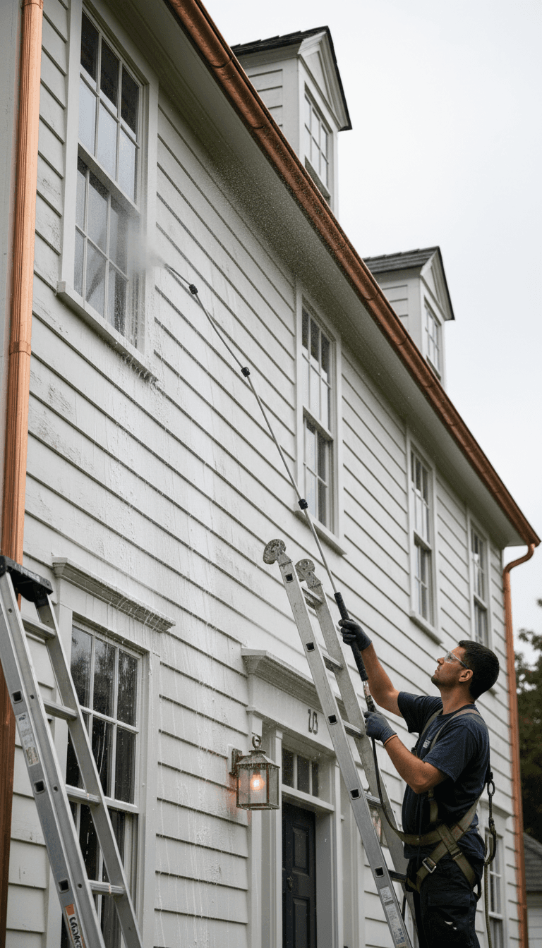 Technician performing soft washing on colonial home's wooden siding using specialized cleaning solution and equipment