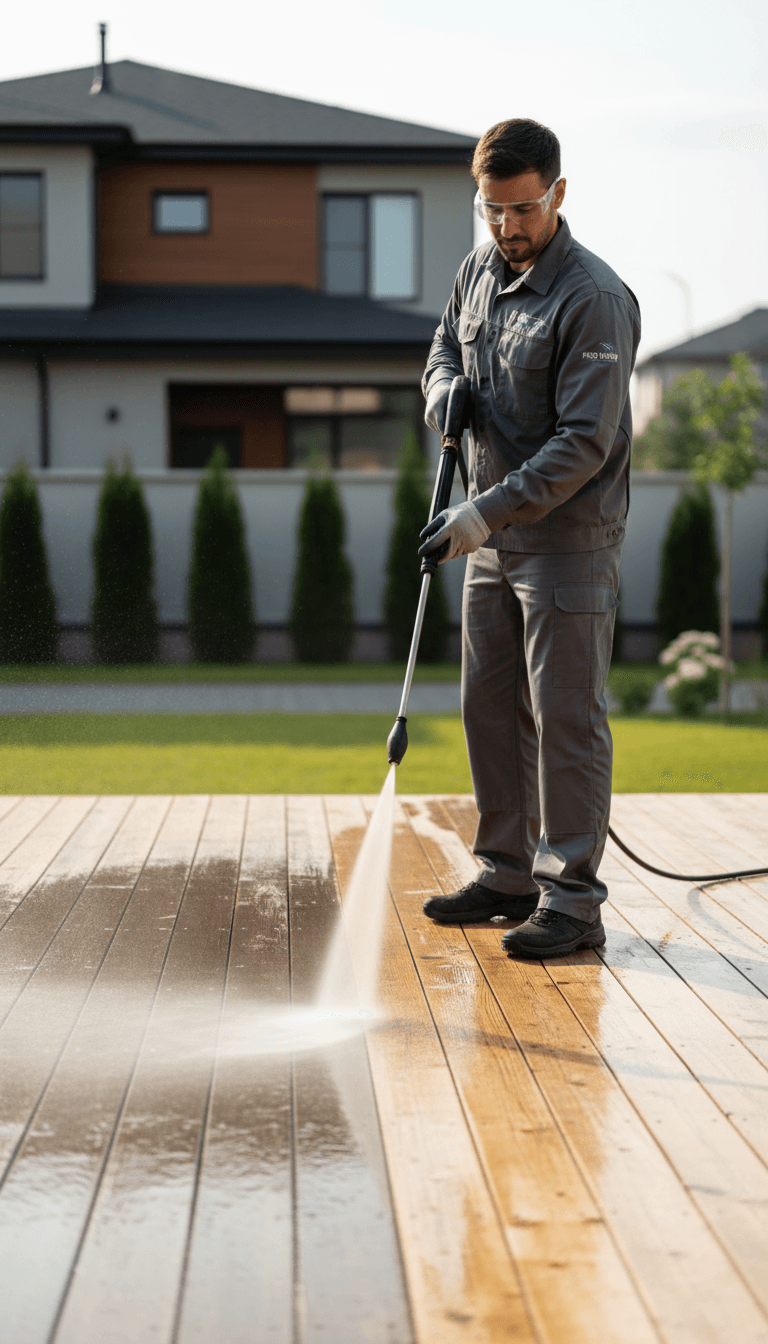 Professional pressure washing operator wearing safety gear, cleaning residential wooden deck with technique and precision