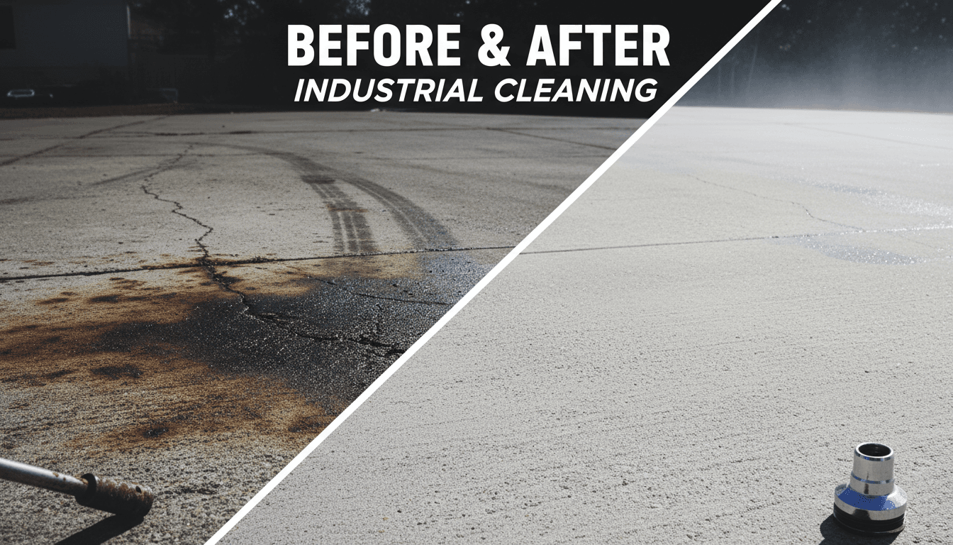 Split-screen before-and-after showing heavily soiled concrete driveway transformed to pristine clean surface after pressure washing
