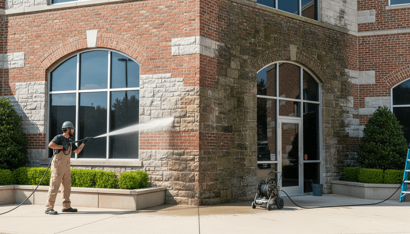 Commercial building facade being power washed, showing dramatic contrast between cleaned and uncleaned sections of brick wall and mortar