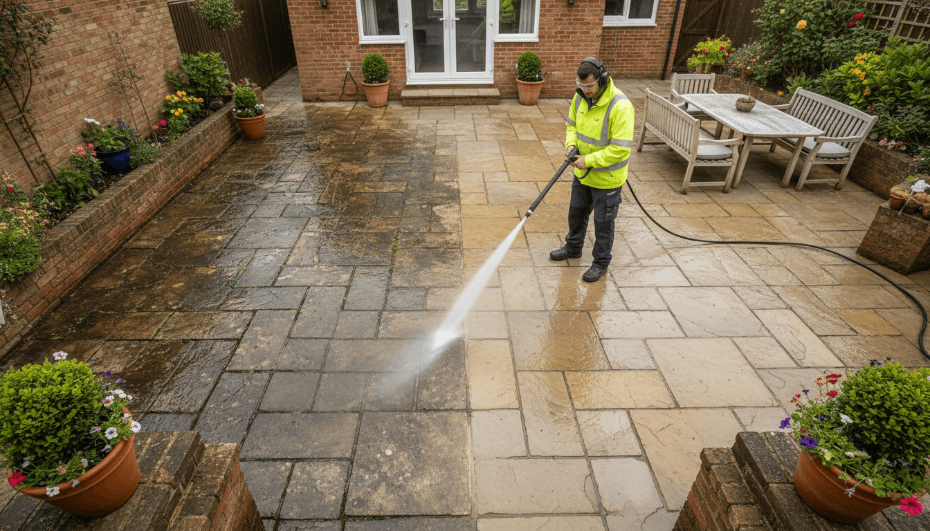 Residential patio cleaning transformation showing moss-covered flagstone beside freshly power-washed pristine surface with technician at work