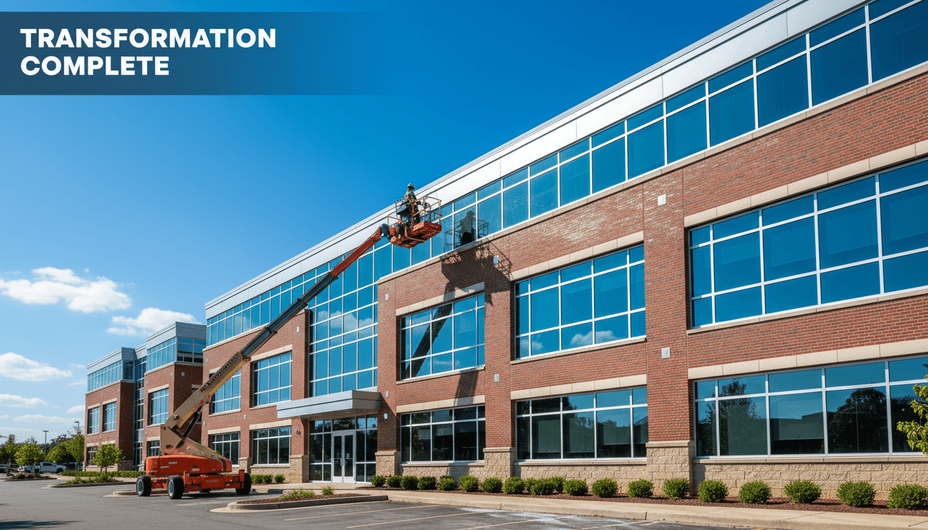 Large commercial building exterior newly pressure washed, showing bright clean facade and architectural details