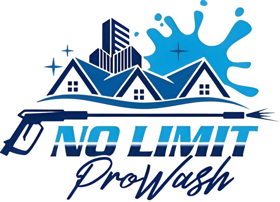 No Limit ProWash logo with blue house silhouettes, a water splash, and a pressure washer.