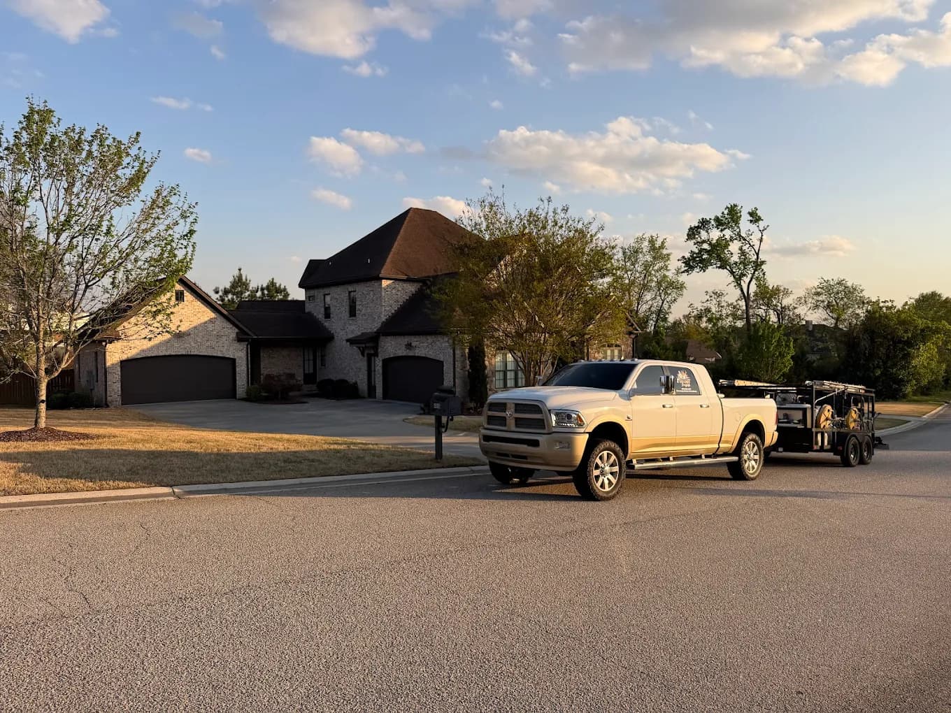 White pickup truck towing a trailer on a residential street before a large brick house.