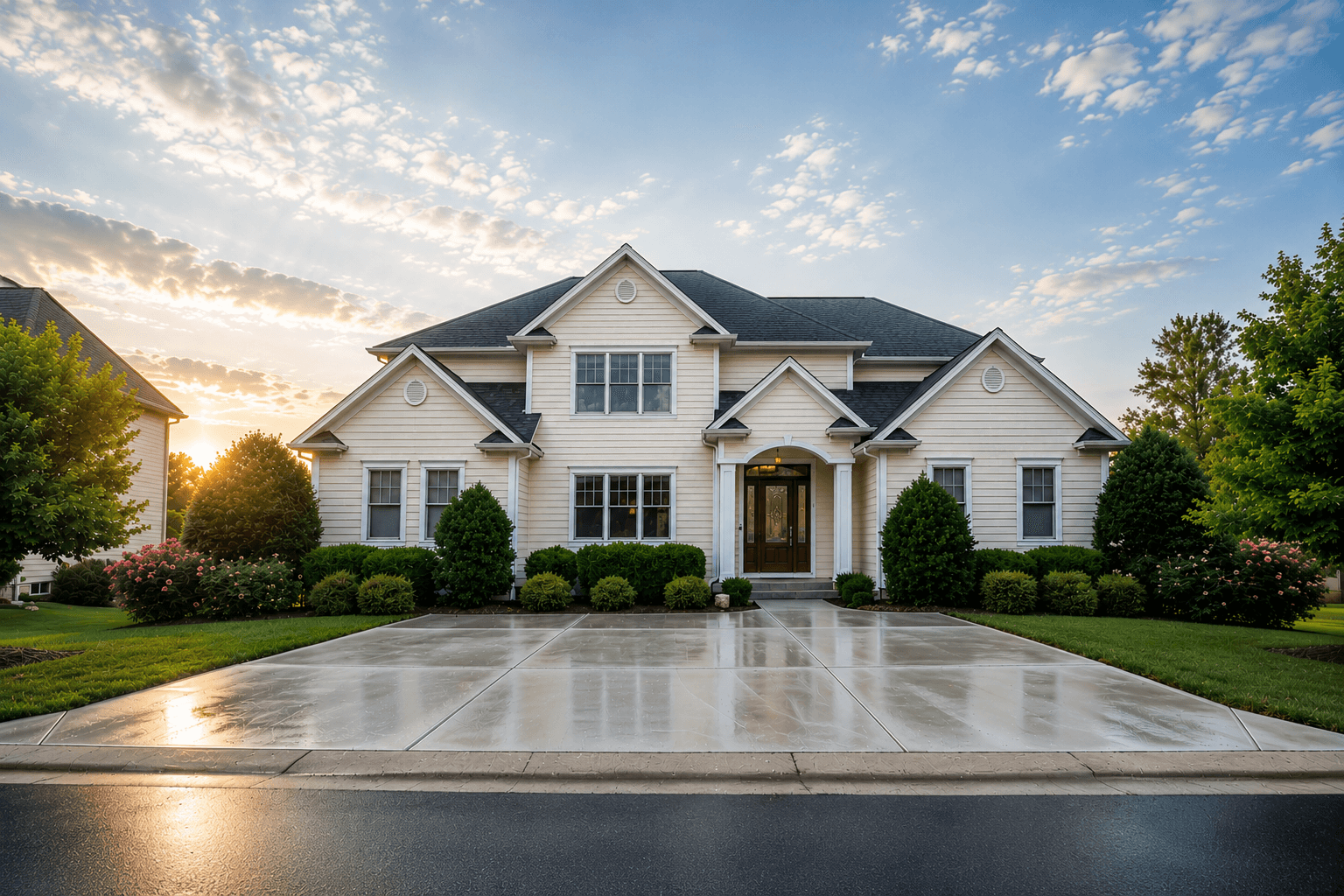 Large cream-colored house with multiple gables and a wide concrete driveway at sunset.