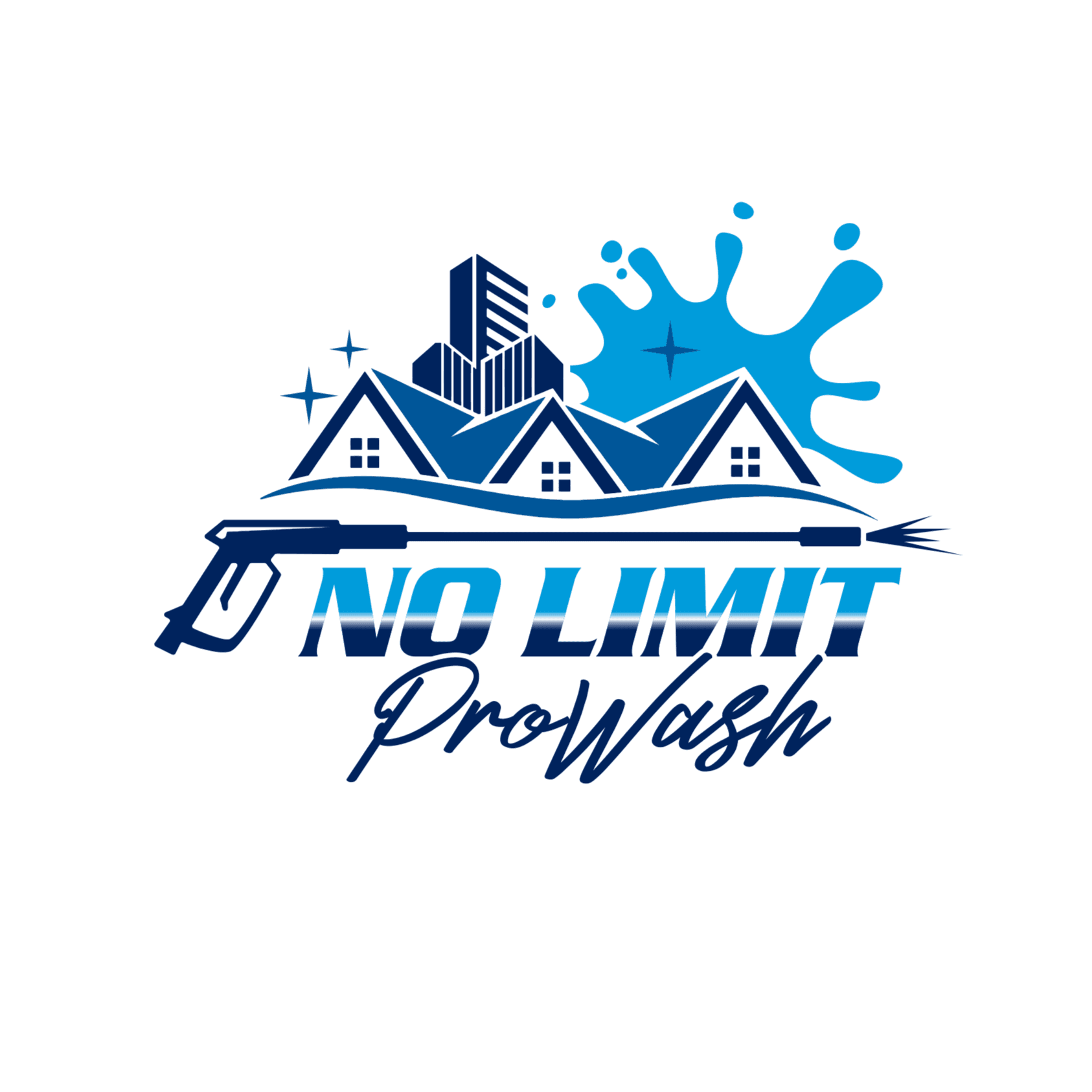 No Limit ProWash logo featuring houses, a skyscraper, and a pressure washer spraying water.