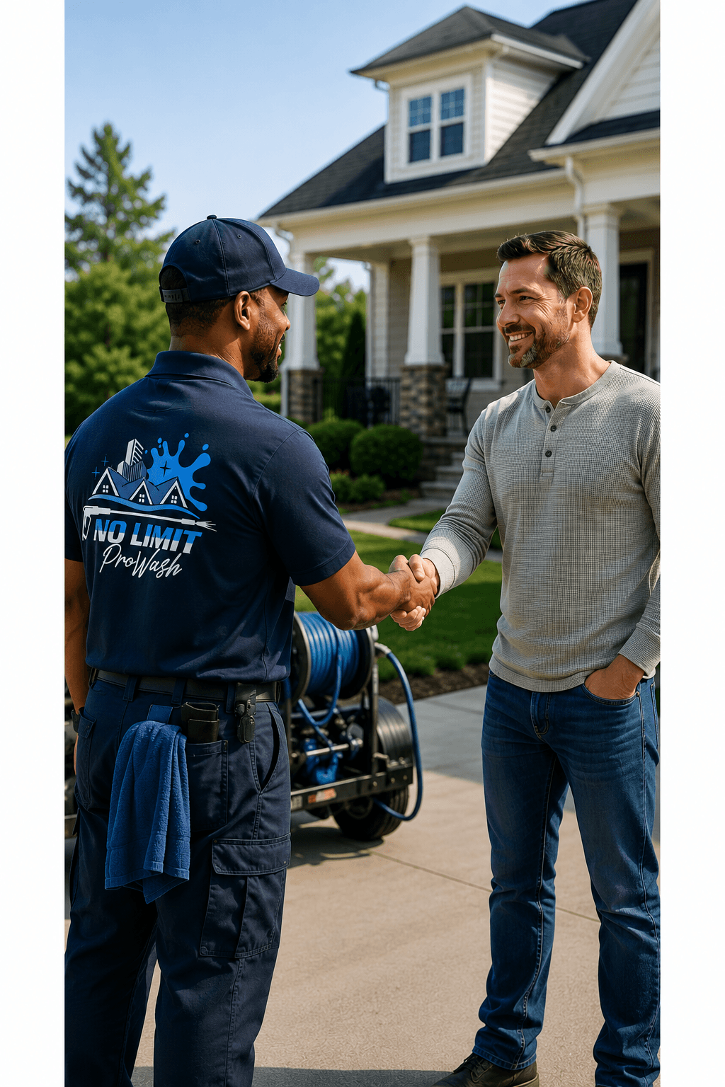 Professional pressure washer shaking hands with a homeowner in front of a suburban house.