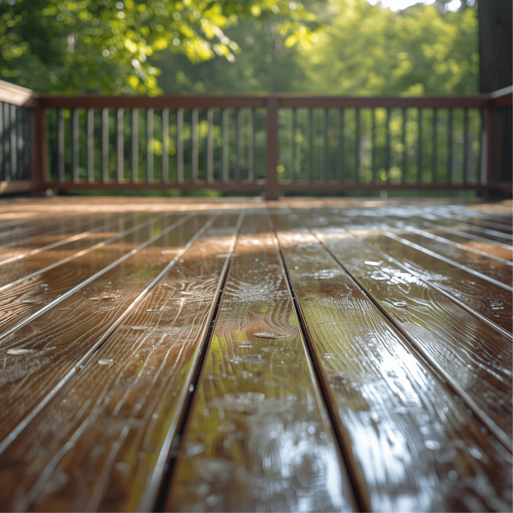 Wet wooden deck planks reflecting sunlight with a blurred green forest and railing behind.