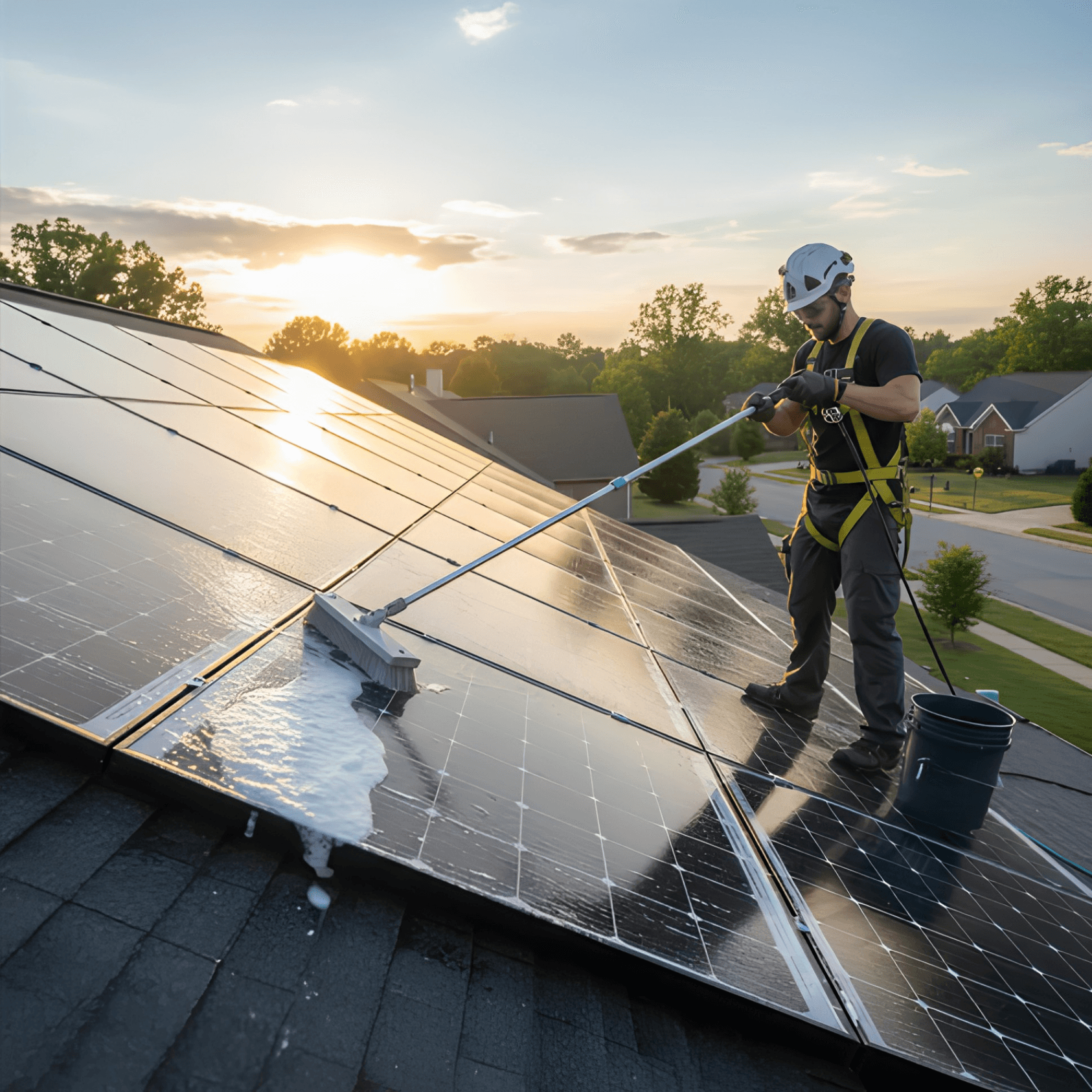Technician in safety gear scrubs soapy foam off rooftop solar panels during a golden sunset.