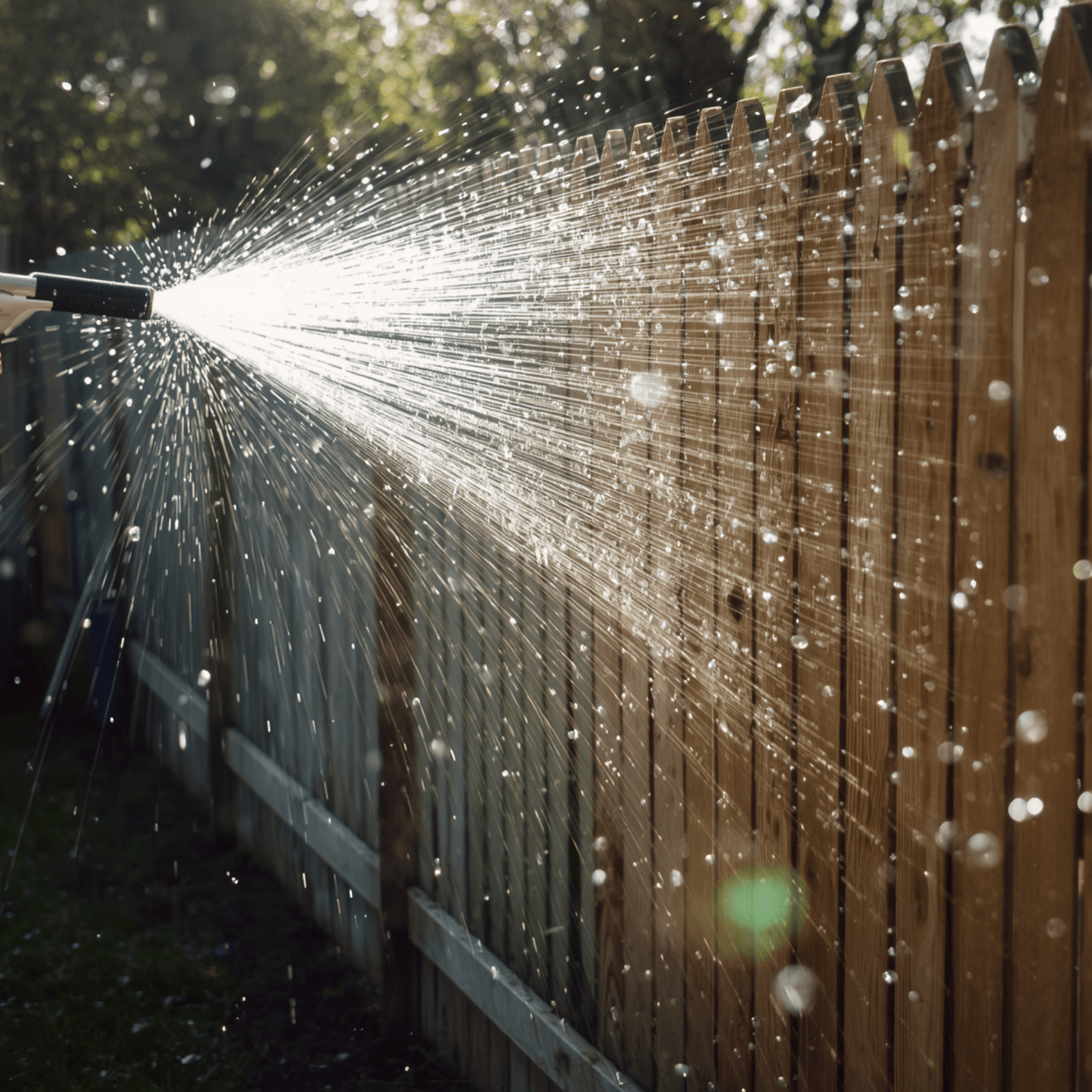 Sparkling water sprays from a garden hose nozzle onto a sunlit wooden picket fence.
