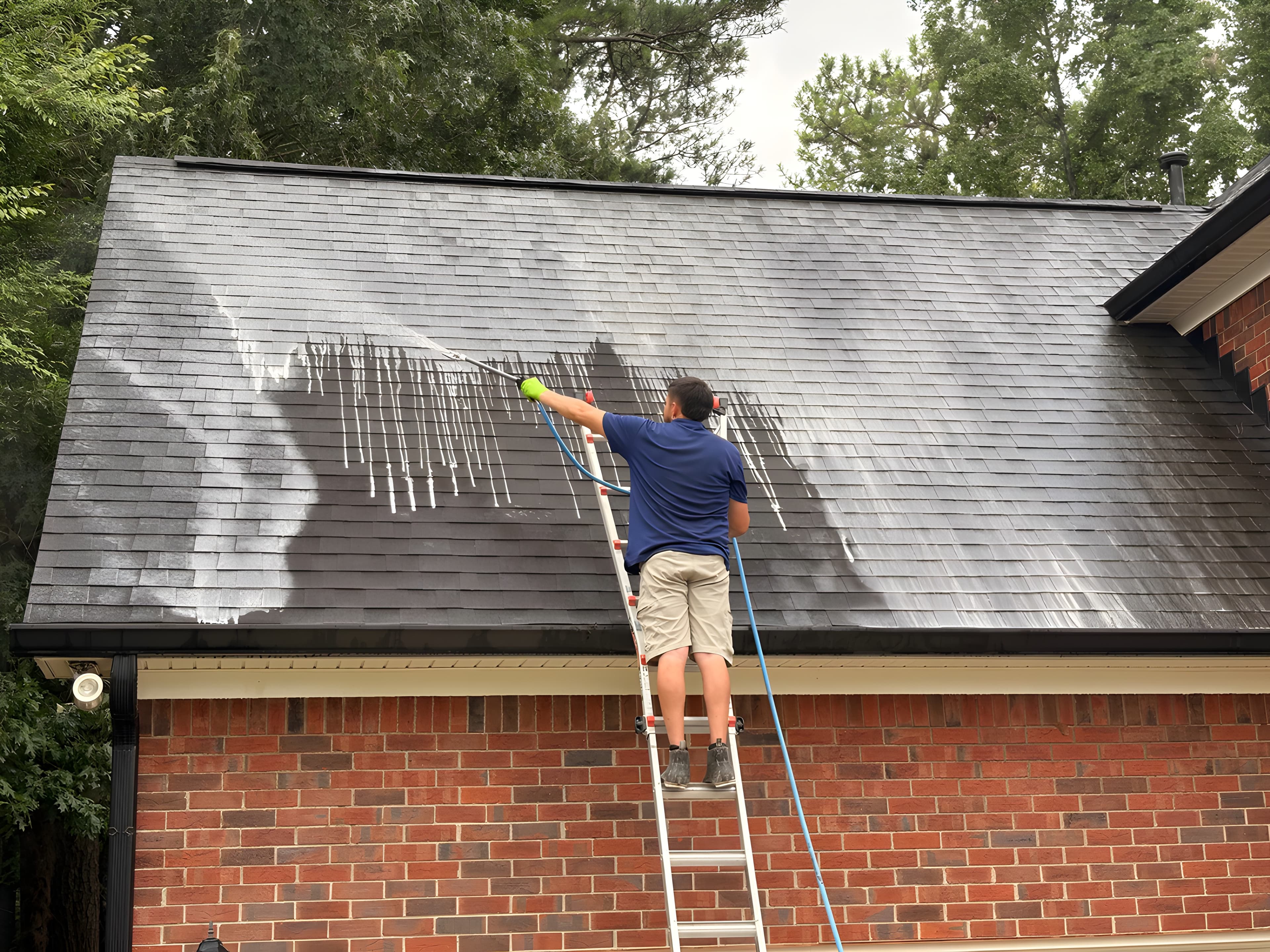 Man on a ladder cleaning a dark shingled roof of a red brick house.
