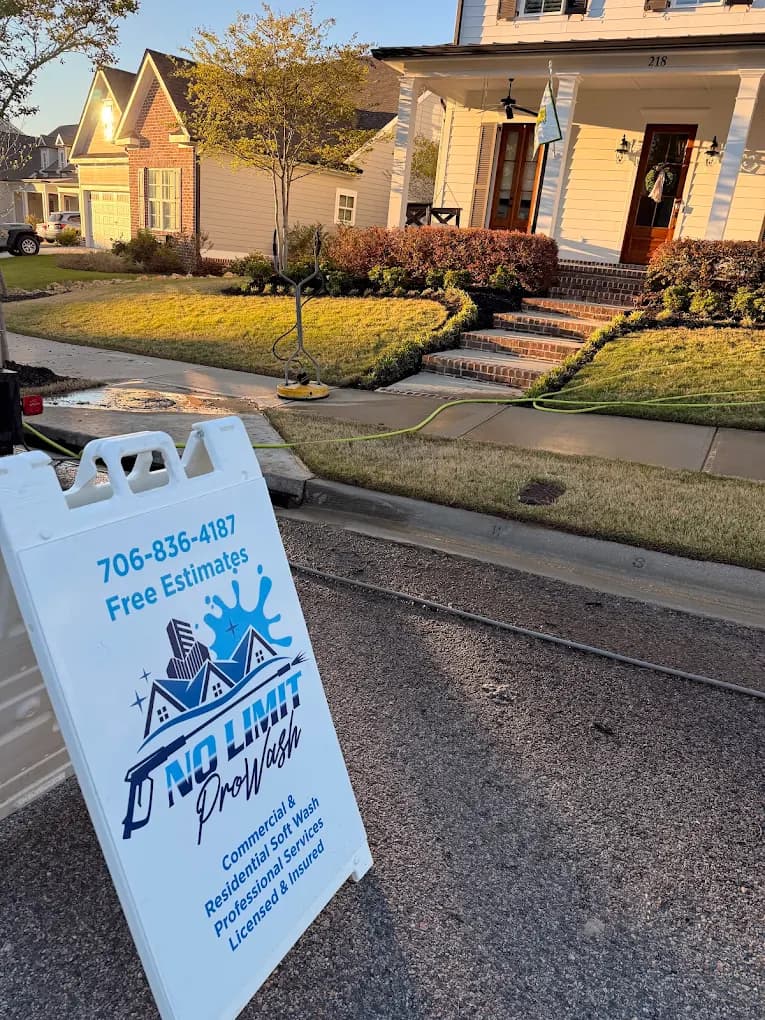 No Limit Pro Wash sign in front of a home undergoing professional pressure washing.